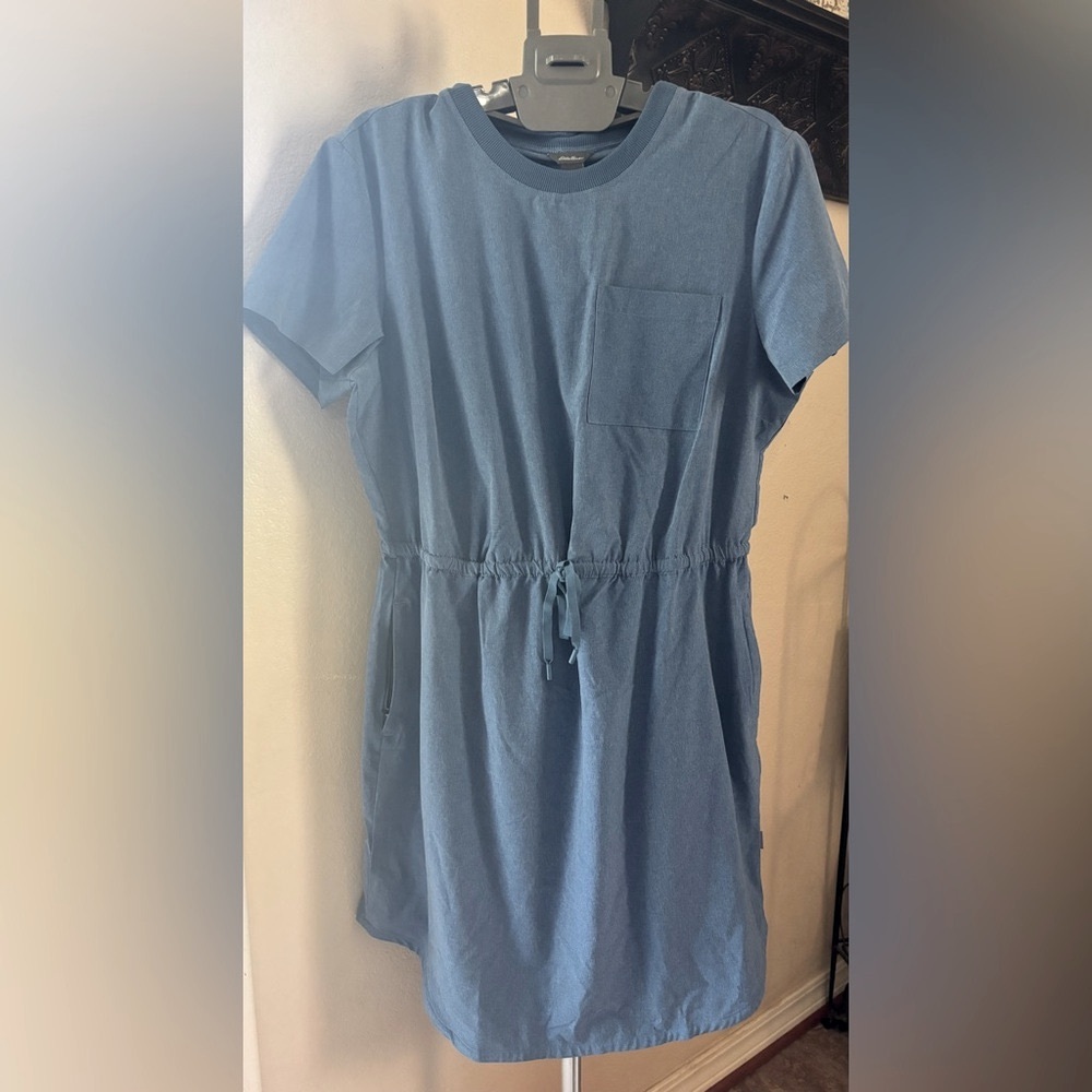 Eddie Bauer blue tie waist shirt dress shorts sleeve cool large